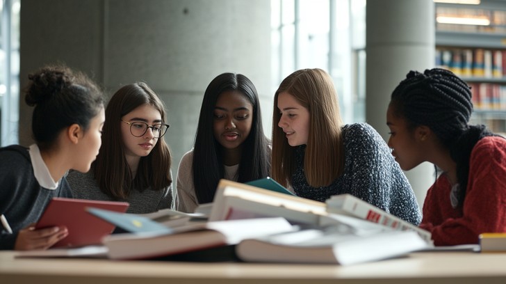 Diverse students studying together in library