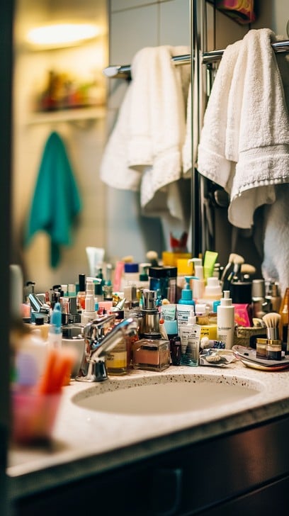 Cluttered bathroom vanity overflowing with too many skincare products
