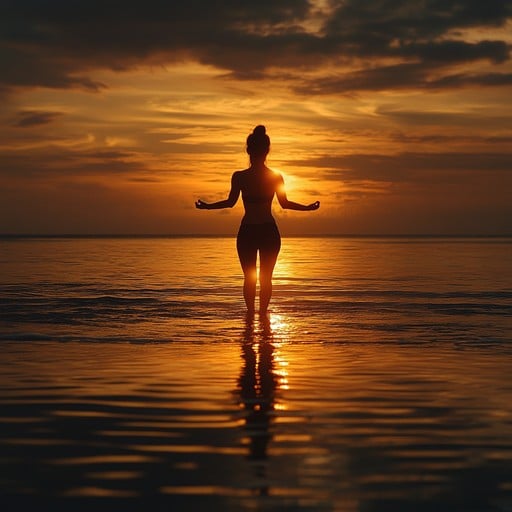 Silhueta de mulher meditando na praia ao pôr do sol, com braços abertos em gesto de liberdade e equilíbrio emocional