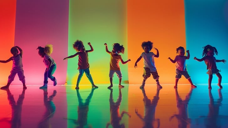 Børn danser i farverigt lys