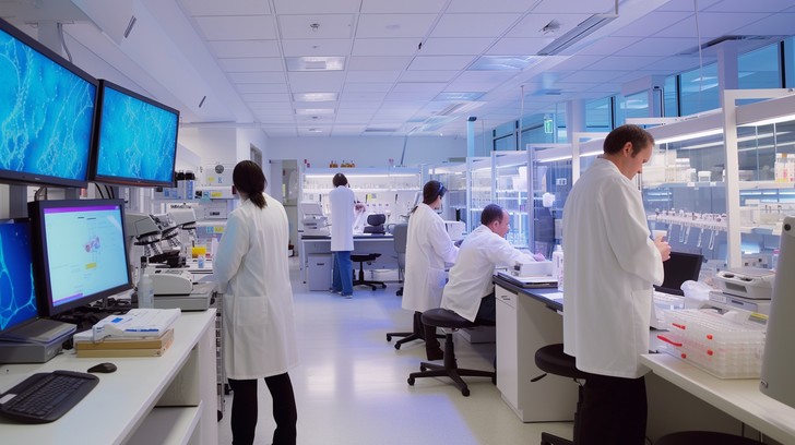 Laboratório de pesquisa moderno com cientistas de jalecos brancos trabalhando em estações de análise genética e computadores