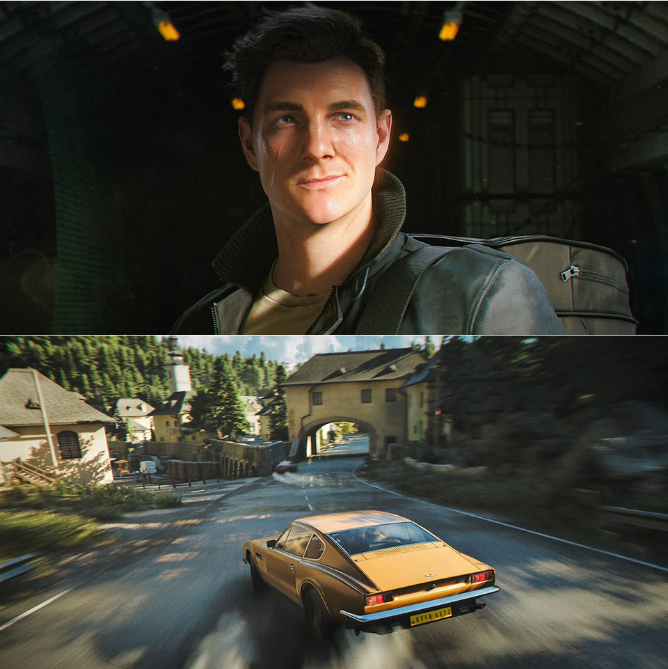 007 First Light gameplay showing young Bond character portrait and high-speed car chase scene