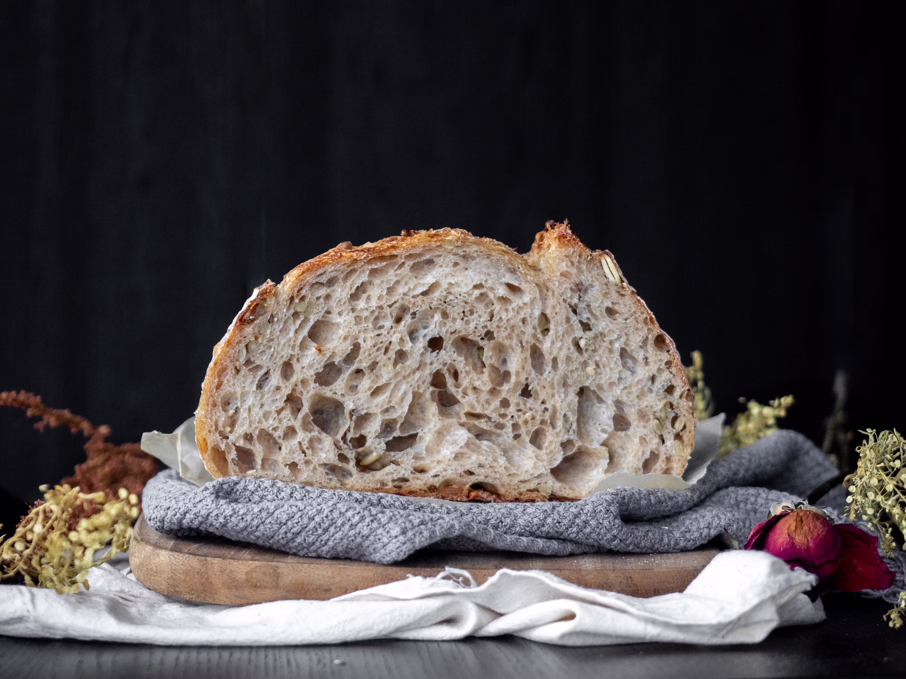 Artisan sourdough bread cross section showing open crumb structure