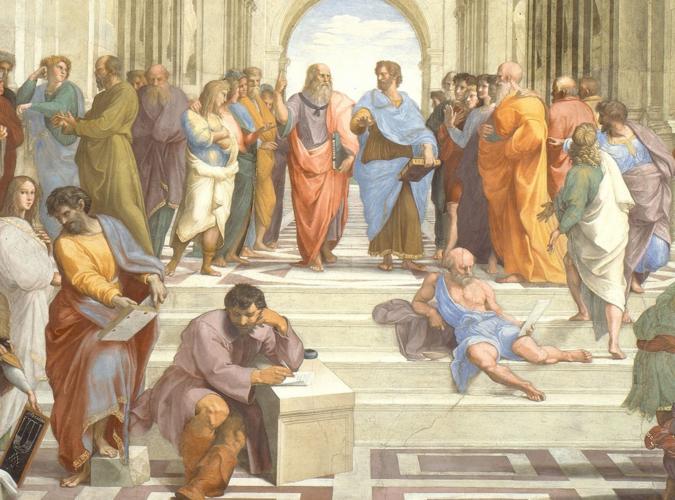 拉斐尔名画《雅典学院》局部：柏拉图与亚里士多德在古典建筑中辩论哲学