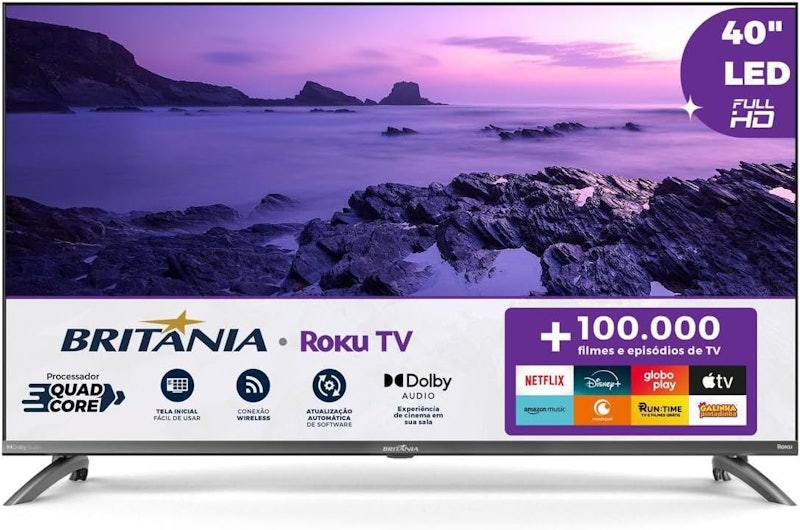Smart TV Britânia 40 polegadas Roku TV com interface de streaming e aplicativos