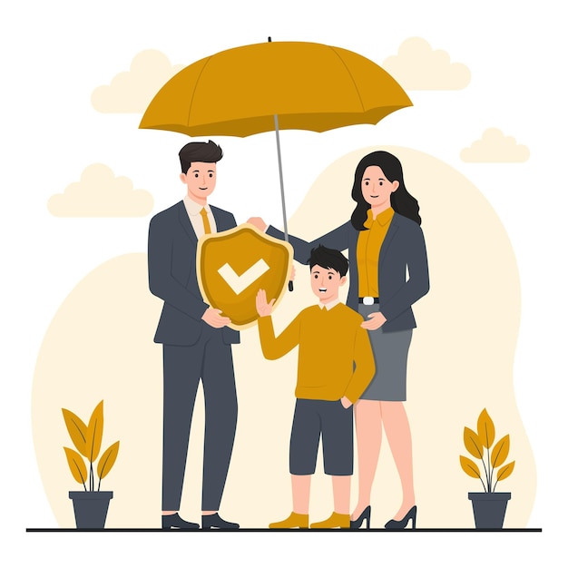 Income protection UK family under umbrella with shield symbolizing financial security
