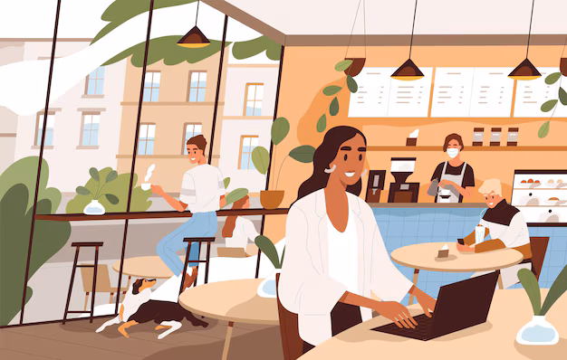 Busy city coffee shop with people working on laptops
