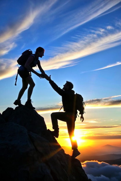 Couple rock climbing with safety equipment, showing teamwork and trust