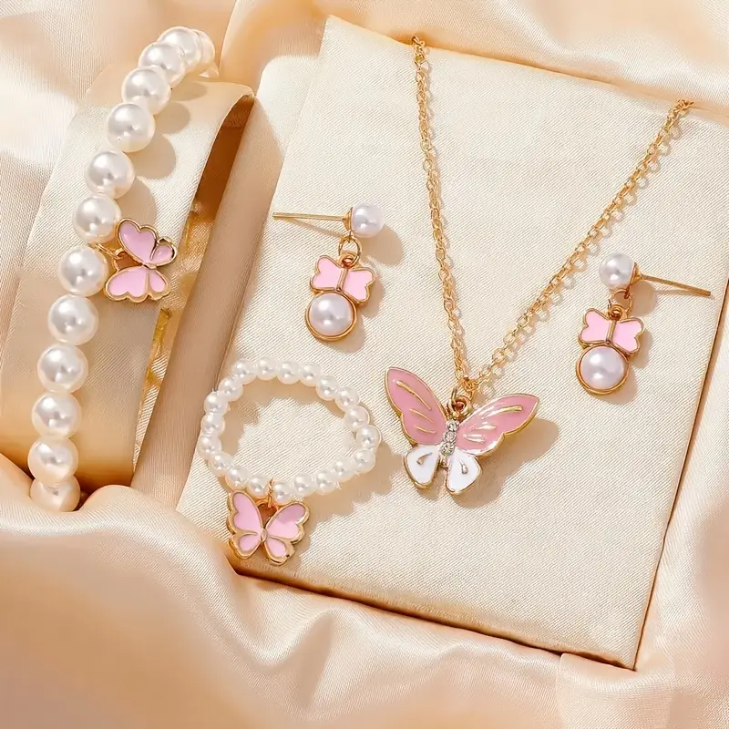 Pearl Butterfly Necklace Earrings Bracelet Ring Set
