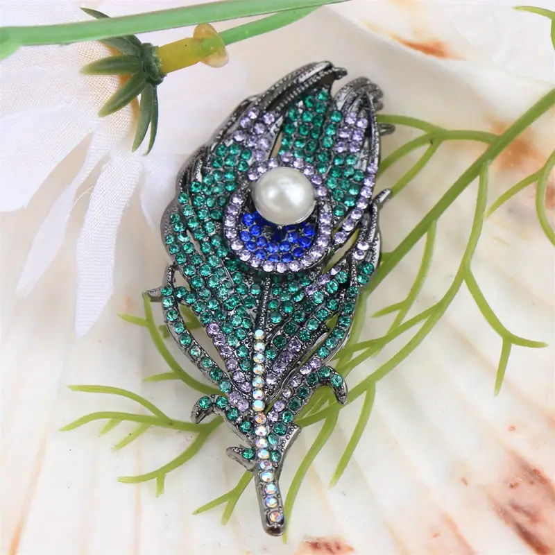 Baroque Peacock Feather Brooch with Gemstones