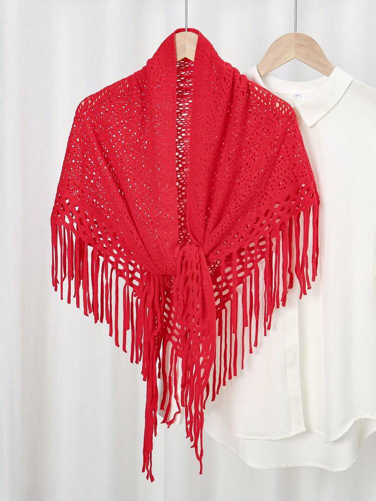 1pc Ladies' New Arrival Solid Color Triangular Knitted Scarf With Tassels Fringed Hem Boho | SHEIN