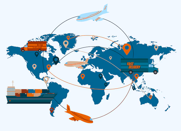 Global chemical trade routes map showing 12+ countries served by Triangulum Chemicals