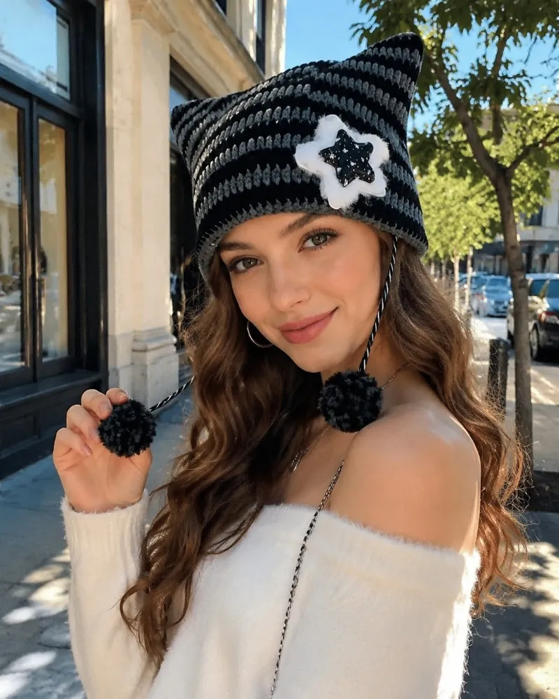 Womens Y2K Cat Ear Beanie Hat Star Stripe... From Mocillure