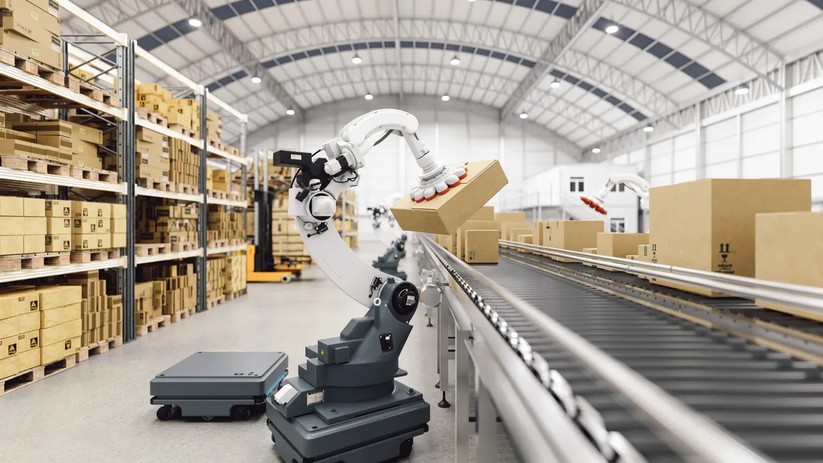 Automated warehouse with robots and conveyor belts