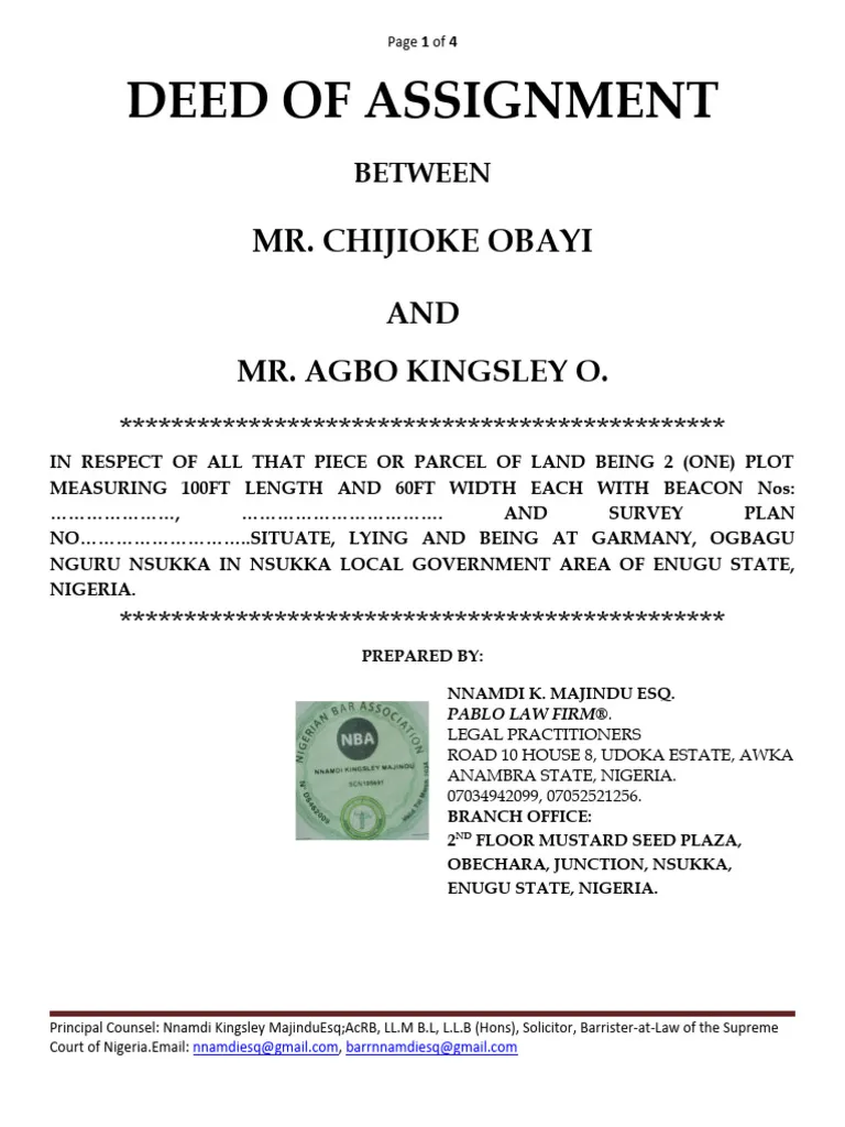 Deed of Assignment Sample 2