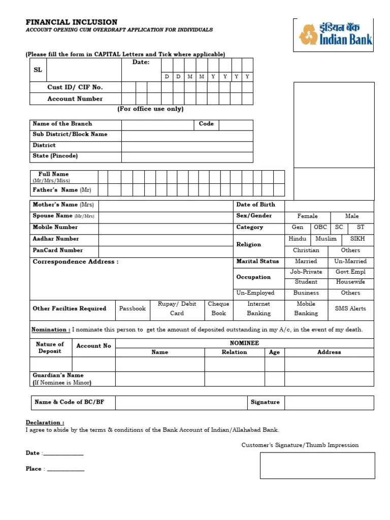 बचत खाता क्या है - Indian Bank Account Opening Form