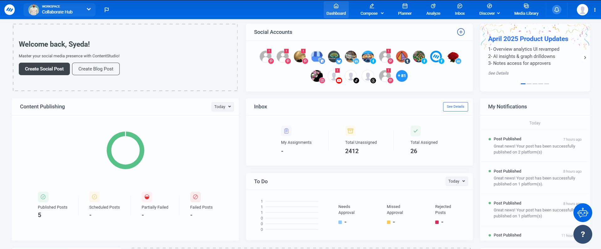 Social media management dashboard showing content scheduling