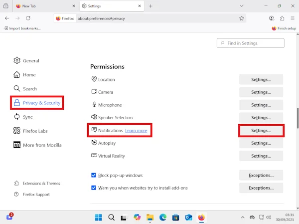 Firefox privacy settings showing notification permissions and block options