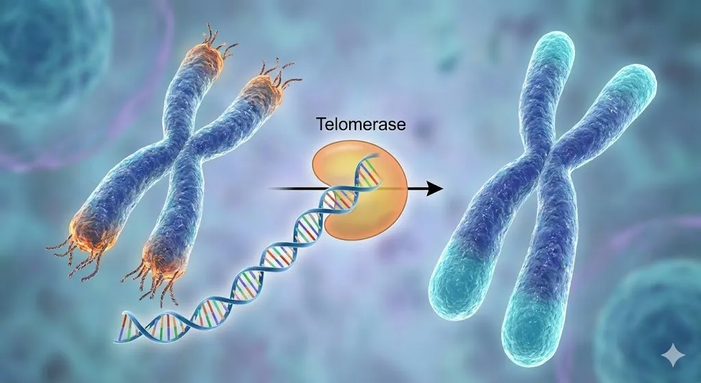 Ilustração científica mostrando a enzima telomerase reparando os telômeros nas pontas dos cromossomos