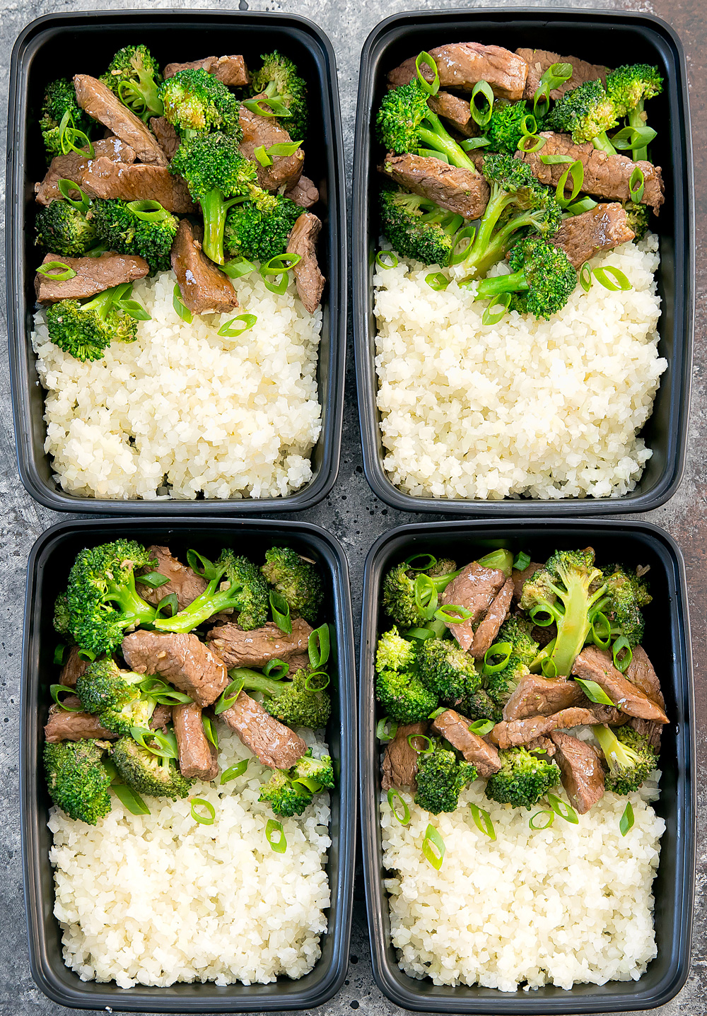 Keto beef and broccoli meal prep containers with cauliflower rice