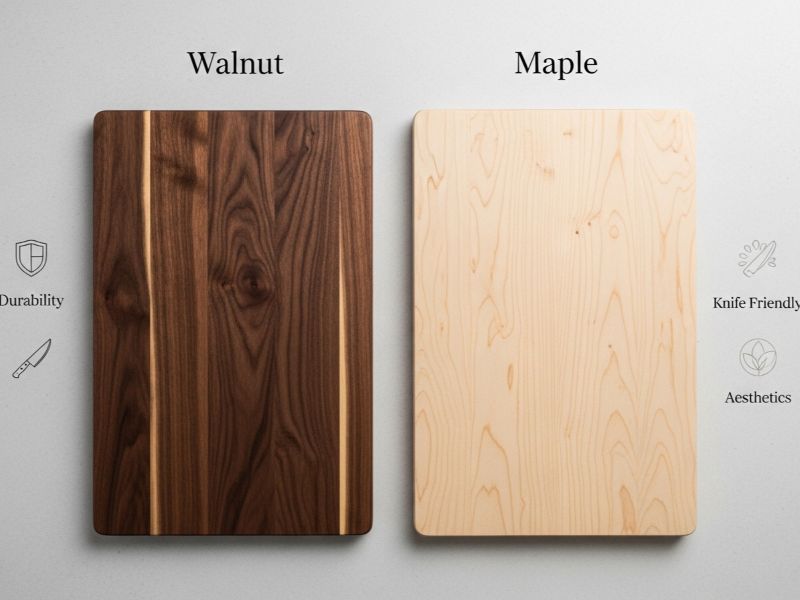 walnut vs maple cutting board comparison
Side by side comparison of walnut and maple cutting boards showing color and grain differences