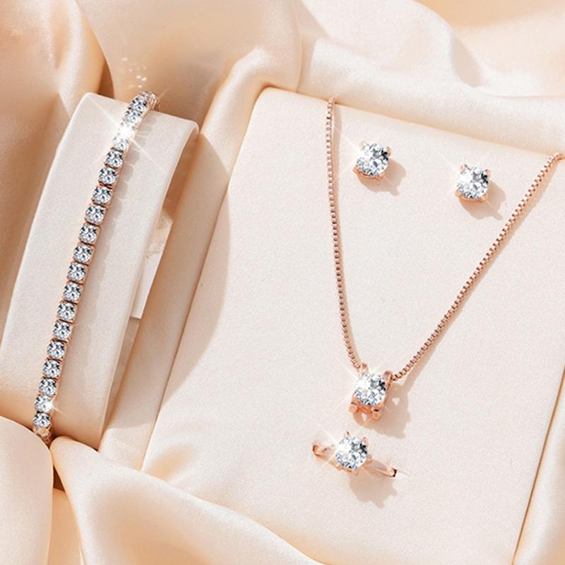 5Pcs Elegant Crystal Necklace Earrings Ring Bracelet Set