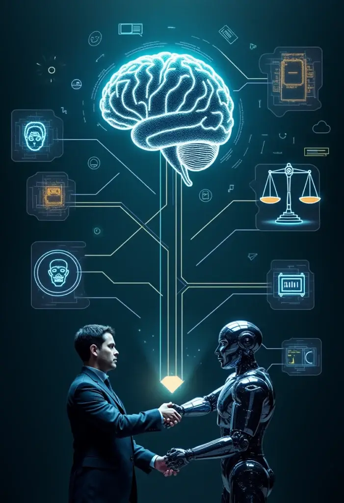 Abstract representation of ethical AI governance with glowing neural network and symbolic scales of justice