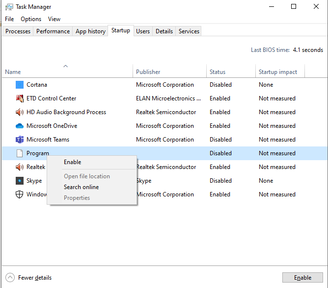 Windows Task Manager Startup tab showing list of programs with enable disable options
