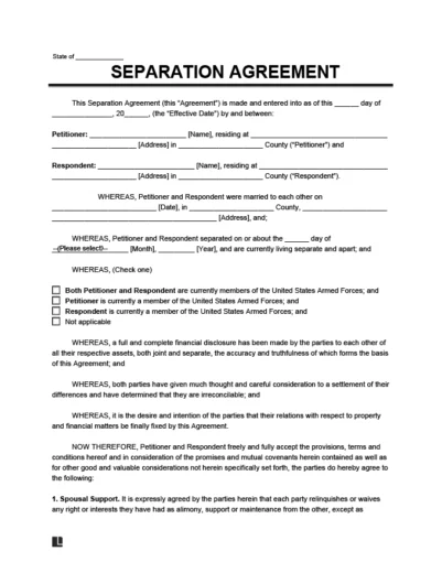Separation Agreement Template Document