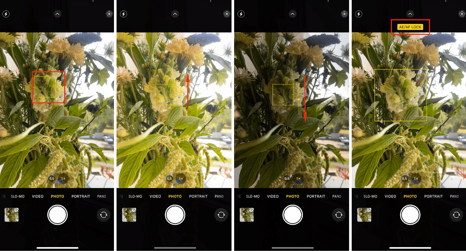 Step by step iPhone camera focus lock and exposure adjustment sequence
