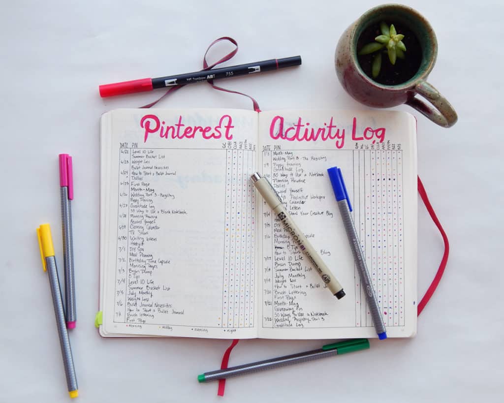 Blog content planning in bullet journal with color coding