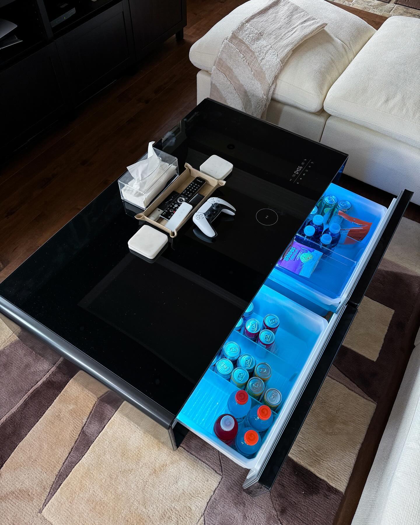 LIVTAB LT90 coffee table with drawers open showing organized storage