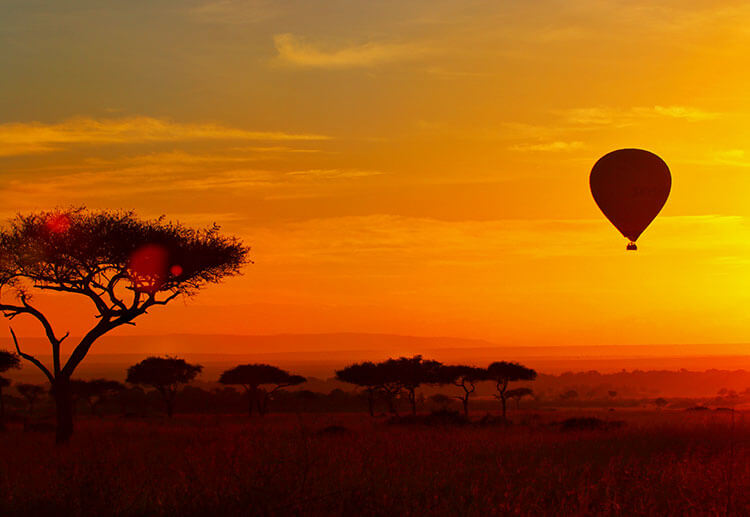 Hot air balloon safari sunrise Masai Mara Kenya silhouette