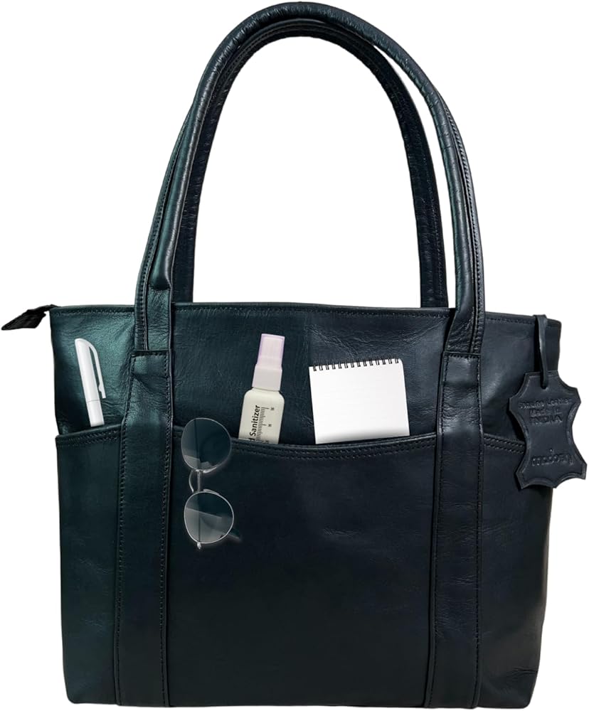 Amazon Black Leather Multi-Pocket Work Tote Organizer