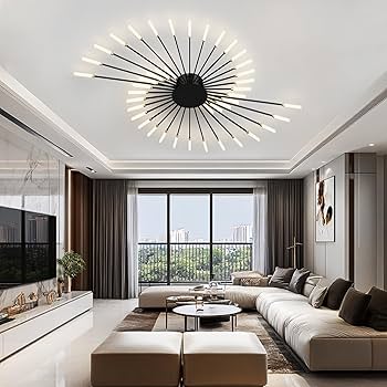 Modern LED ceiling light with starburst design in contemporary living room
