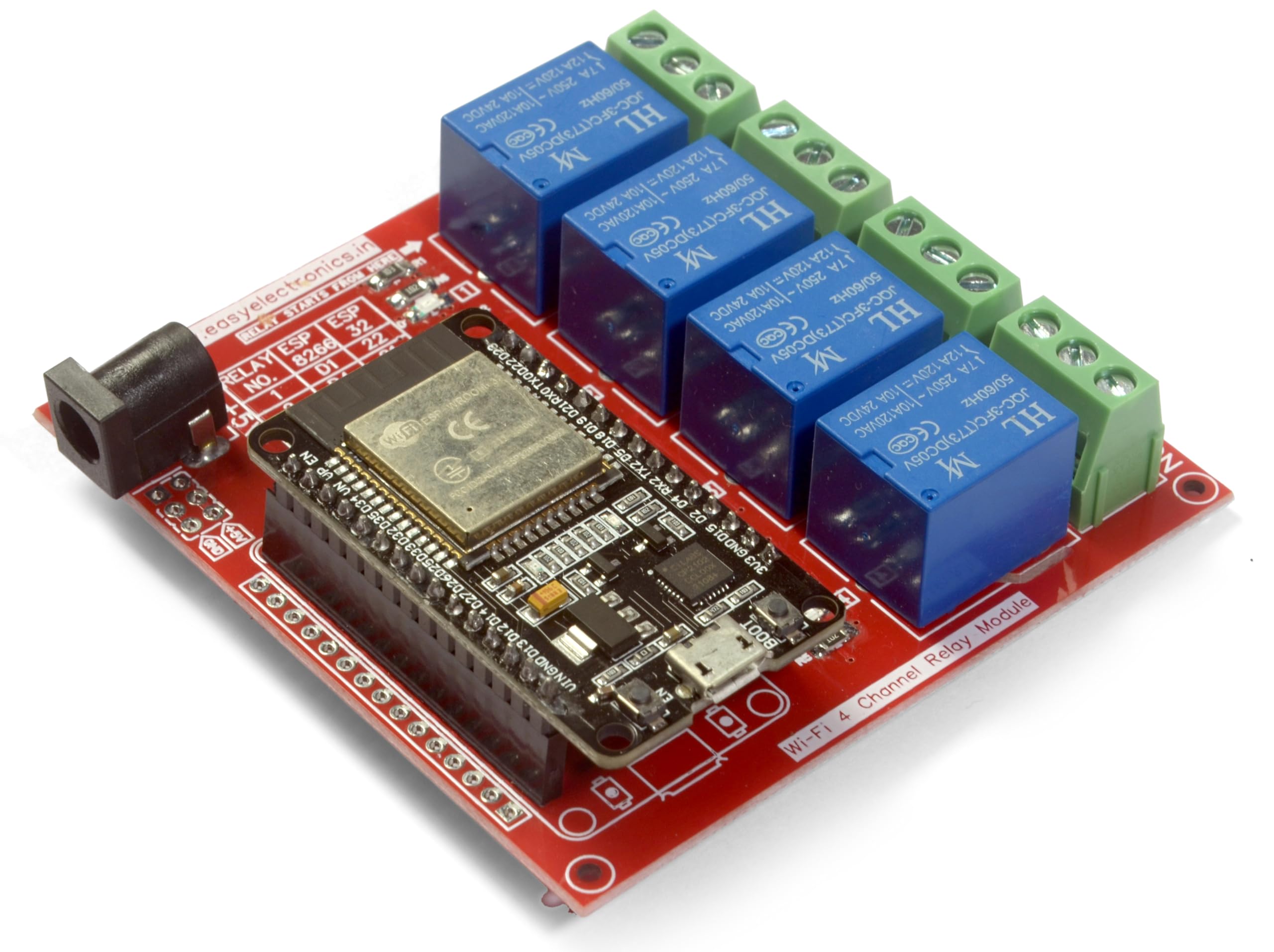 ESP32 microcontroller connected to a 4-channel relay module for IoT automation