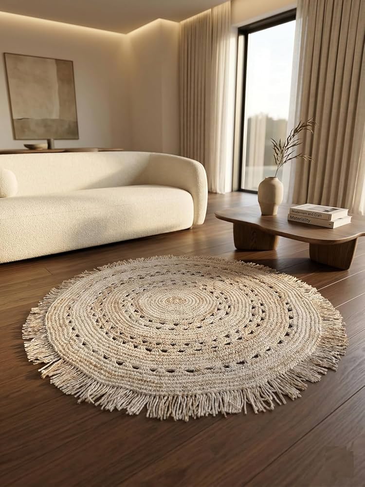 Buy CTRAFTED RUGS Round Pet Wool Crochet Area Rug 4x4 Feet, Natural Beige Hand Woven Carpet with Fringe, Boho Style Floor Rug for Living Room, Bedroom, Entryway, Pet Wool Online at Low