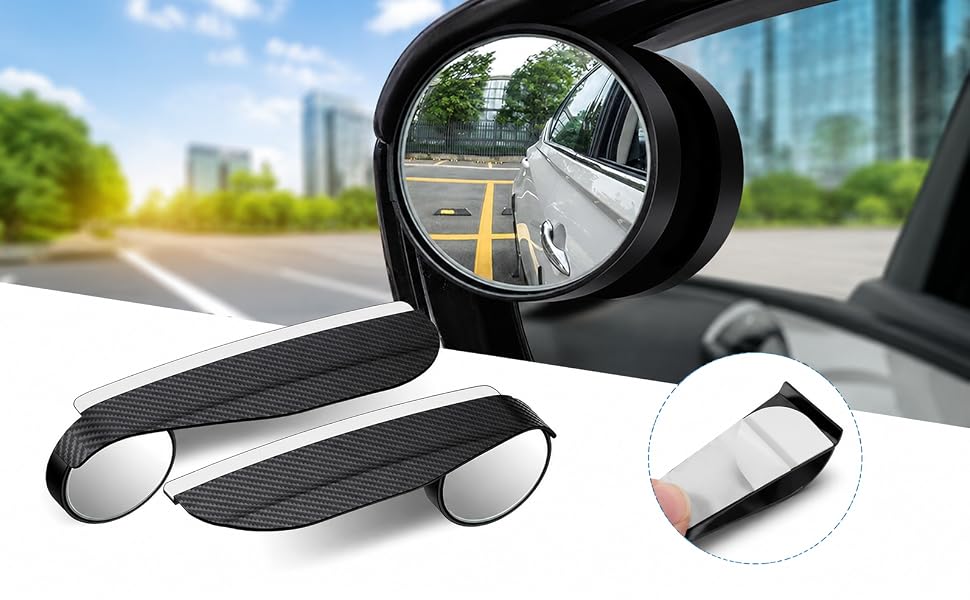 Blind spot mirror showing wide rear view on car side mirror