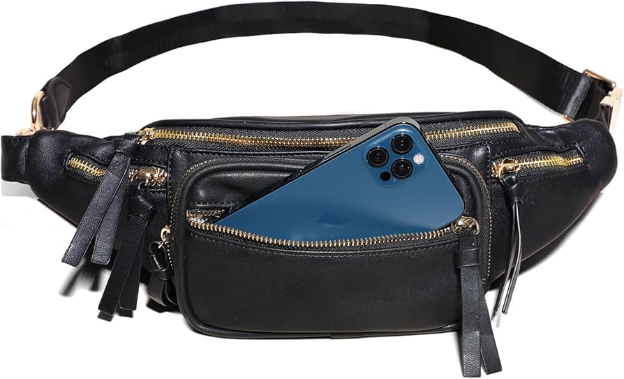 Miss Fong Black Leather Fanny Pack 9 Pockets