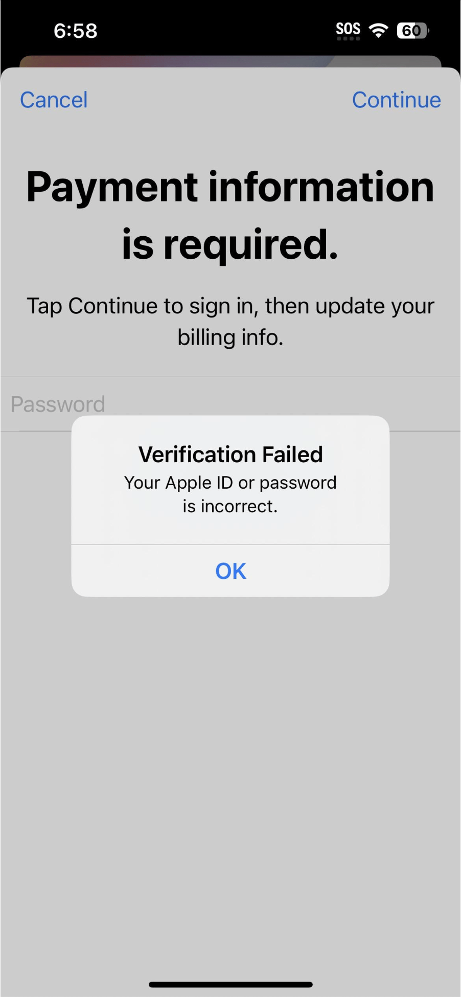 Apple ID验证失败错误提示界面