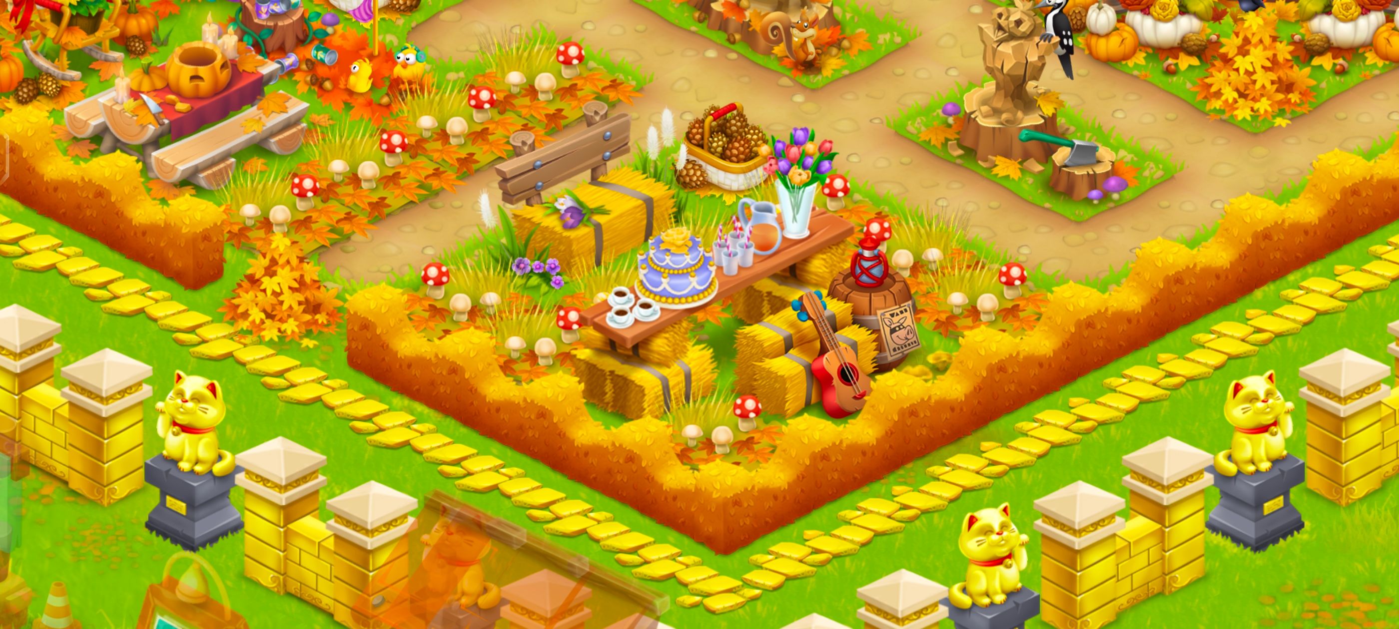 Hay Day farm design showing autumn decorations and organized crop layout