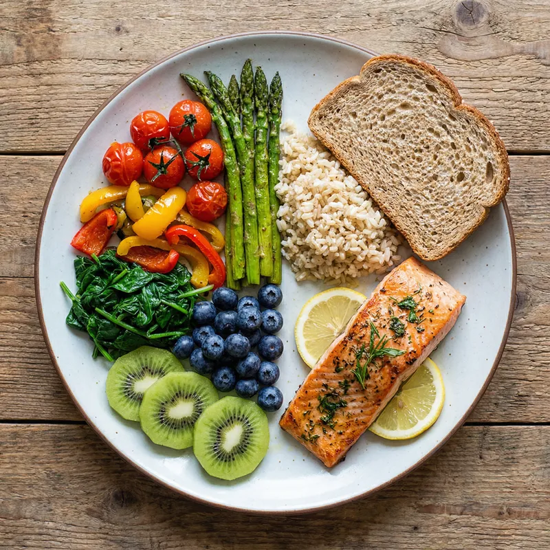 Healthy balanced plate with salmon, vegetables, whole grains, and fruits