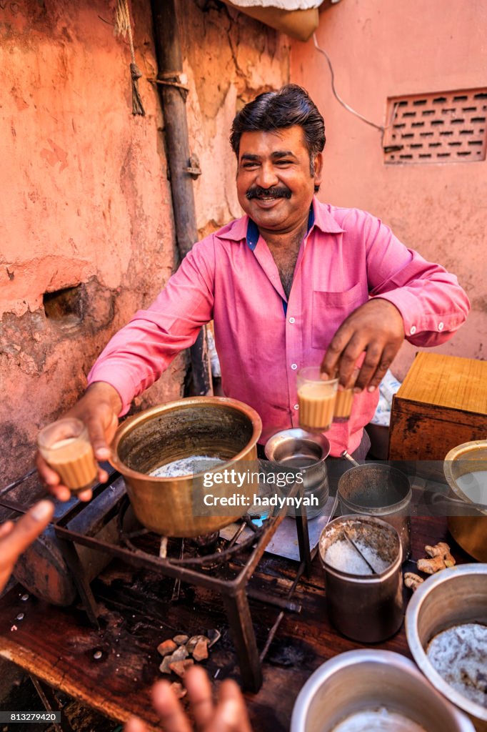 Masala chai being prepared by street vendor in Jaipur pink city