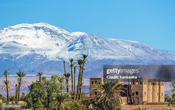 Montagnes enneigées de l'Atlas avec kasbah et palmiers au premier plan