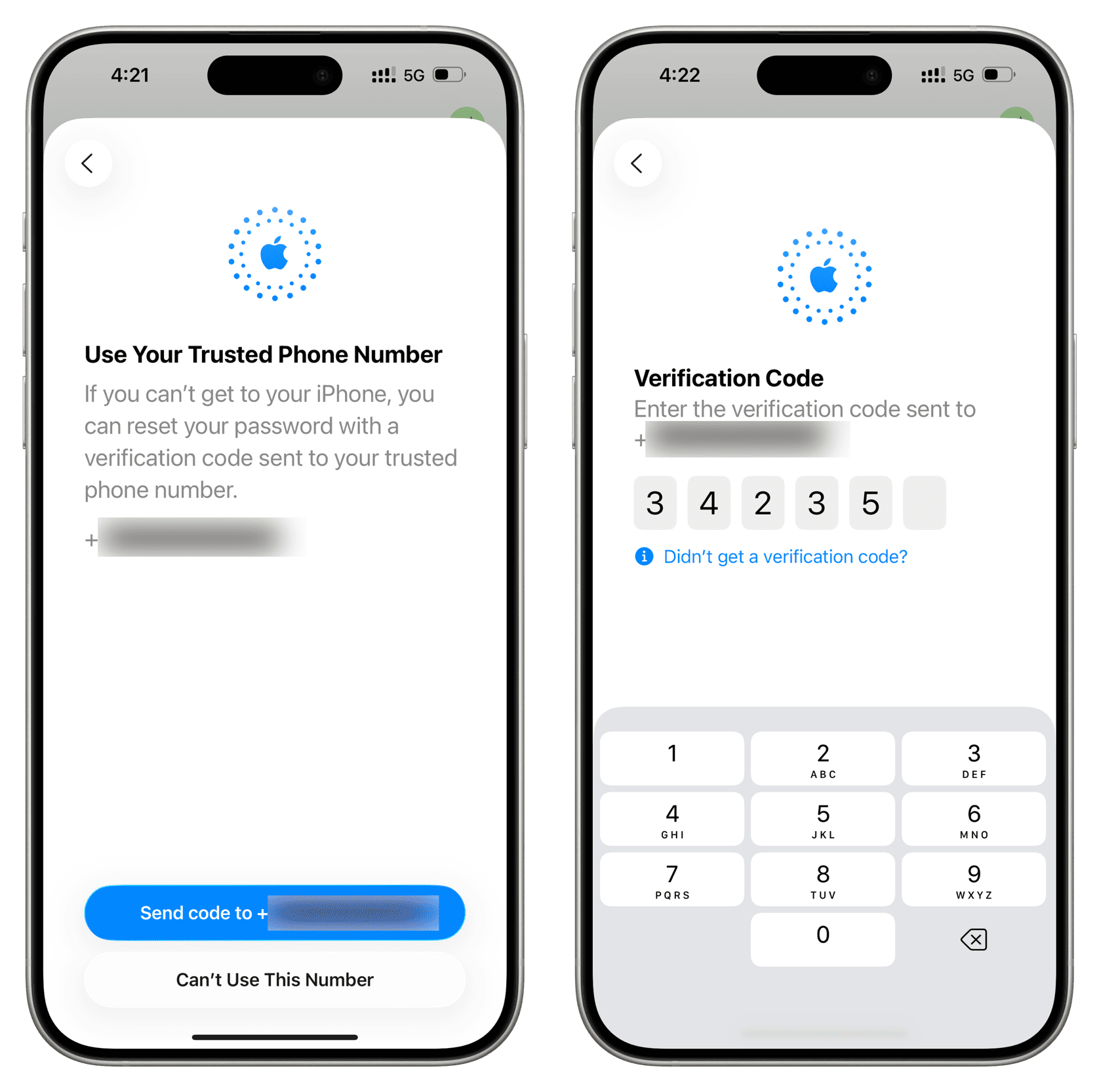 iPhone 显示受信任手机号发送验证码重置密码界面