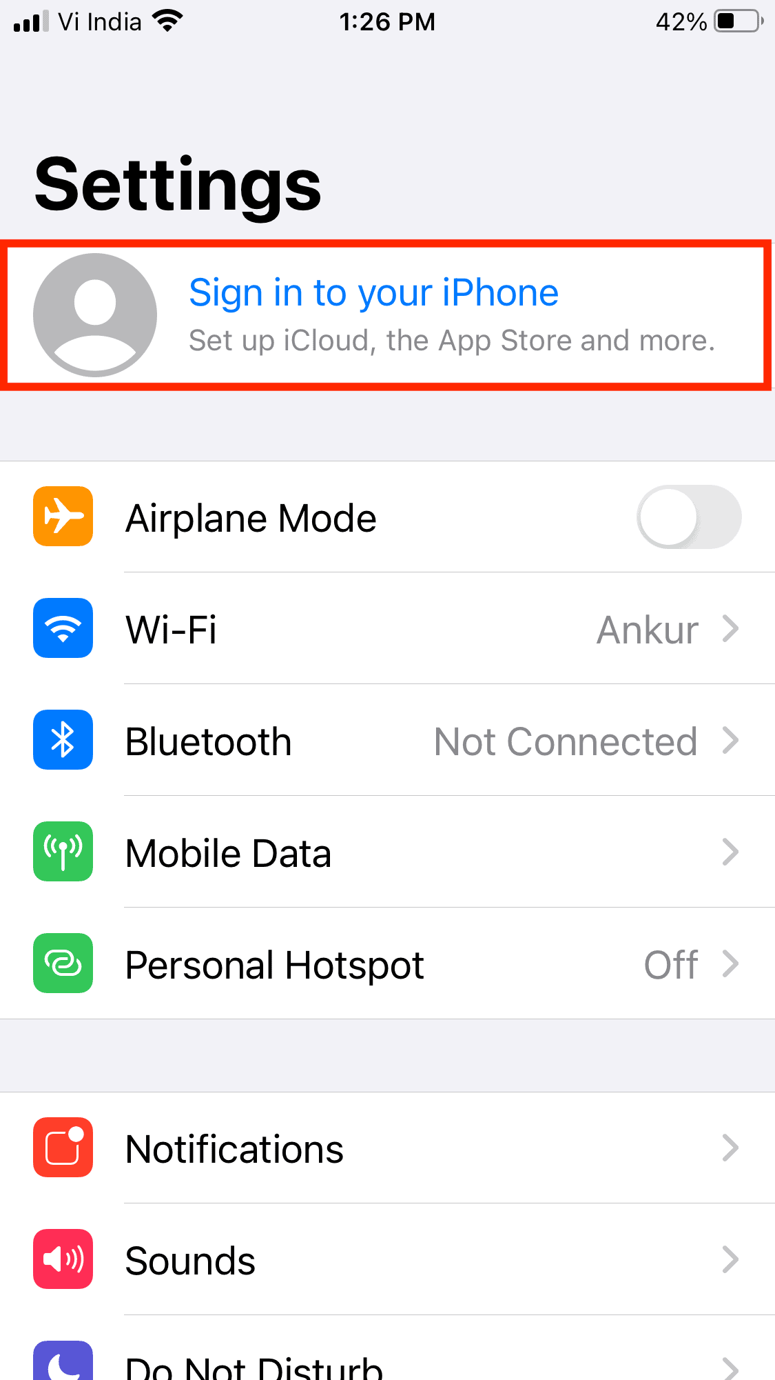 iPhone设置顶部登录iCloud入口