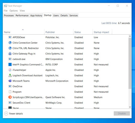 Windows Task Manager Startup tab