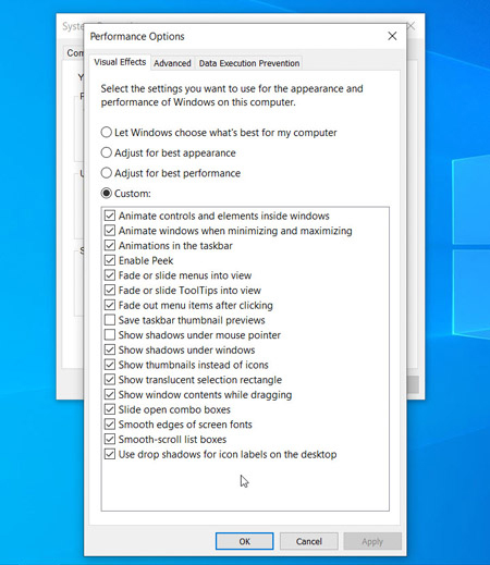 Windows Performance Options settings
