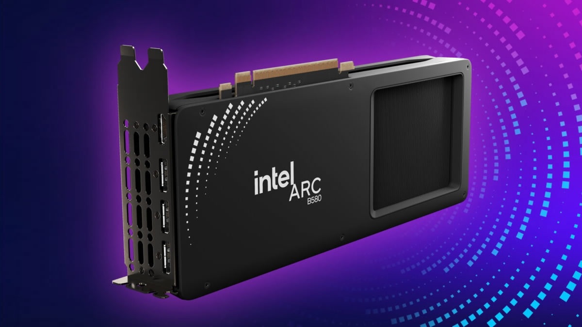Intel Arc B580 graphics card with purple gradient background
