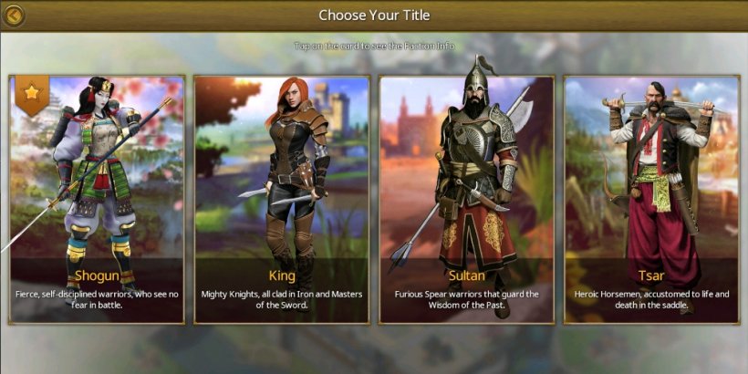 March of Empires faction selection screen showing Shogun, Highland King, Northern Tsar, and Desert Sultan